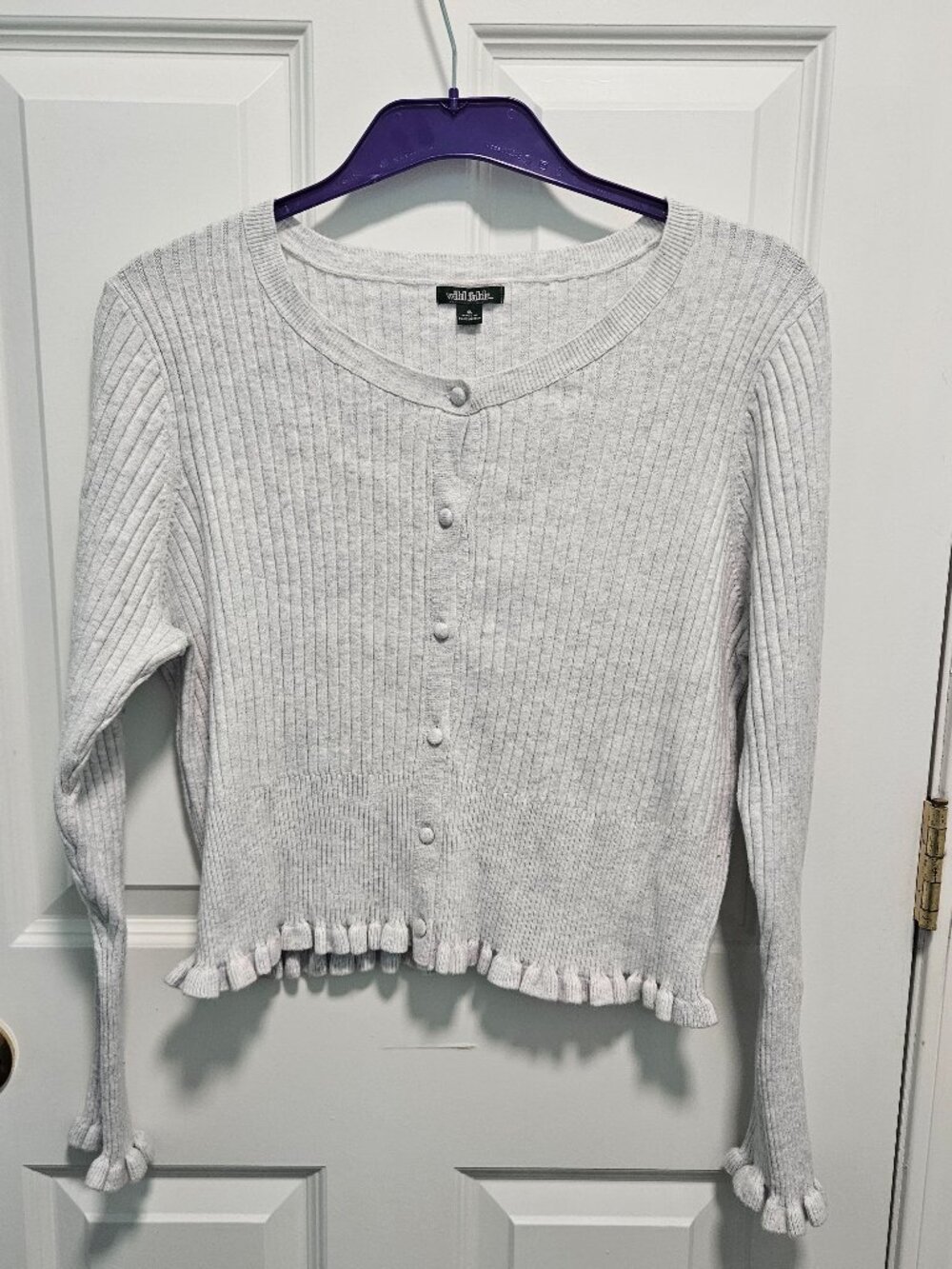 Wild Fable Ribbed Cardigan Sweater XL Light Gray Ruffle Hem Button Front